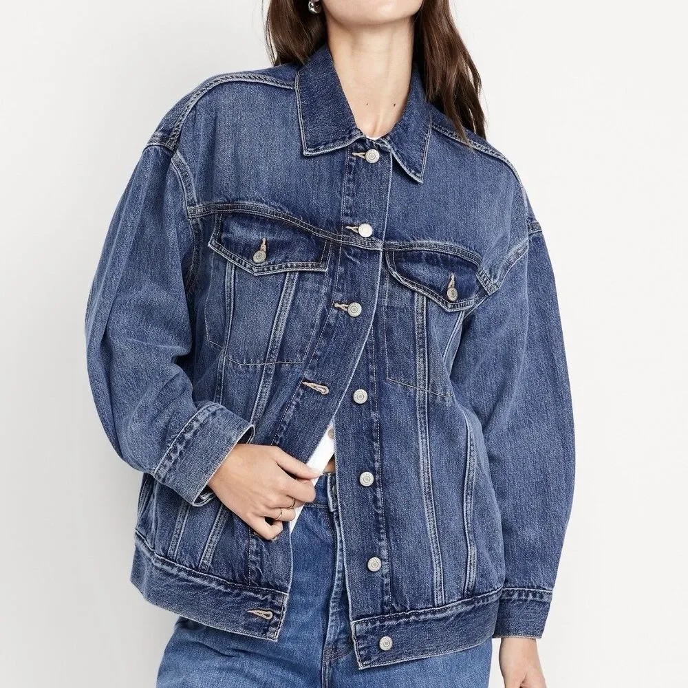 Old Navy Oversized Jean Trucker Jacket Denim Blue Medium Wash Size XL NWOT